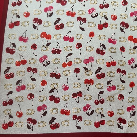 COACH SCULPTED C CHERRIES PRINT SILK BANDANA SCARF:NWT CDG76 CHALK/RED - Picture 4 of 9